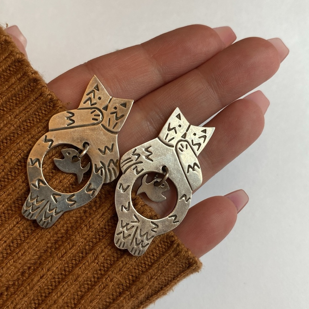 Vintage TAXCO Sterling Cat & Fish Earrings